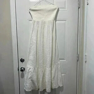 Anthropologie womens strapless smocked‎ cotton maxi dress XS ivory strap NEW